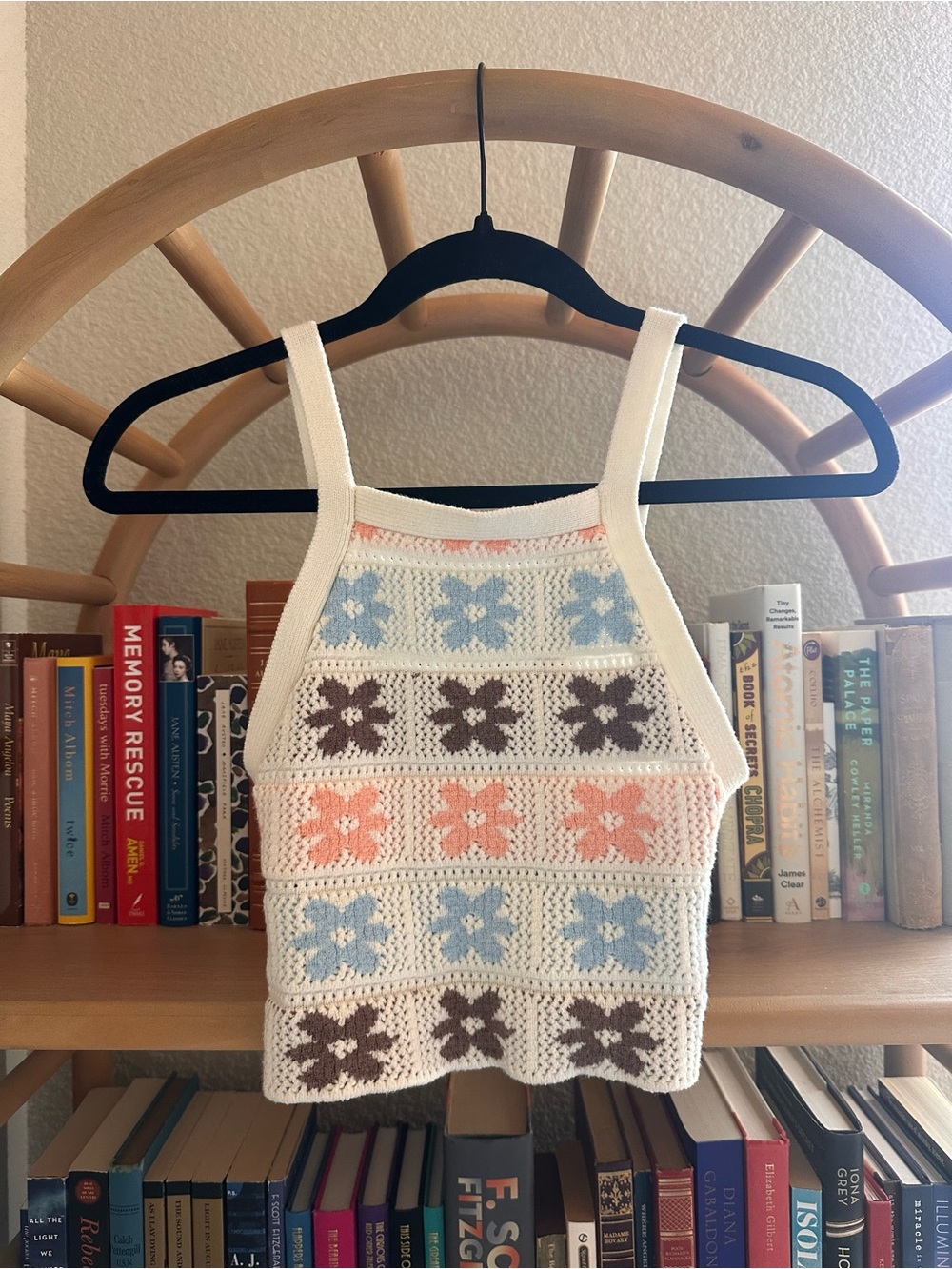 Hippie Rose Crochet Floral Crop Tank — Cream with Blue, Pink & Brown